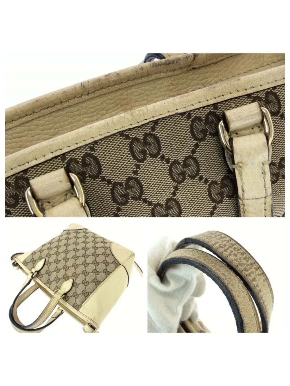 Gucci 2-Way Beige Gold GG Canvas Leather Shoulder Bag